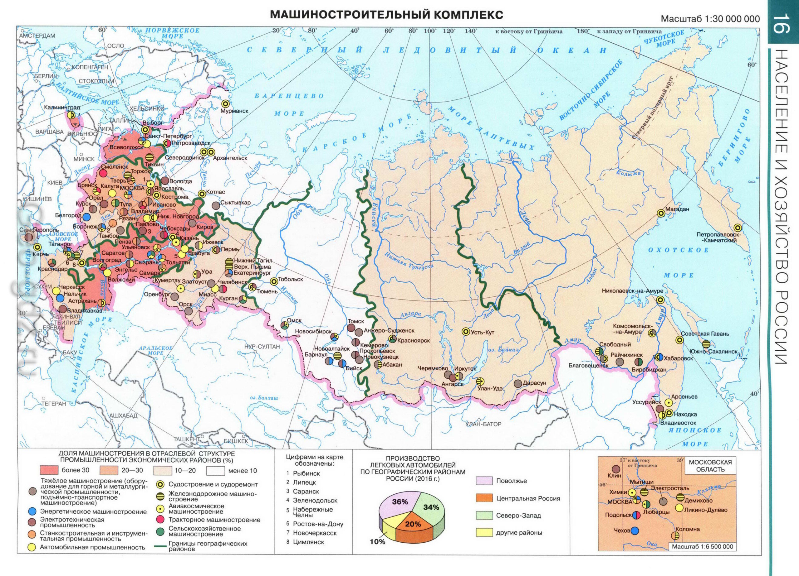 Машиностроительный комплекс России - карта из атласа по географии для 9 класса, издательство "Дрофа"