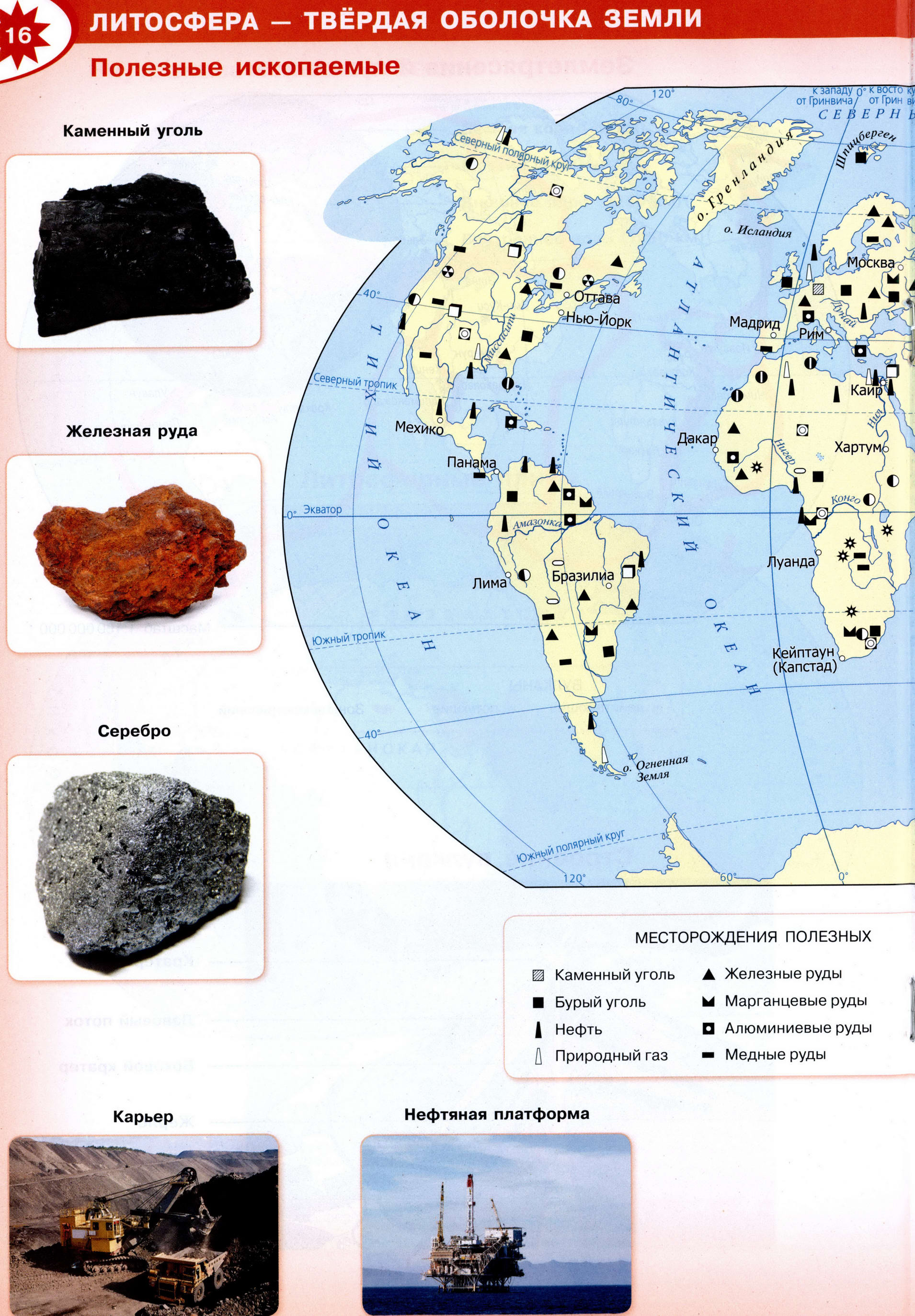 Полезные ископаемые, атлас по географии 5-6 класс